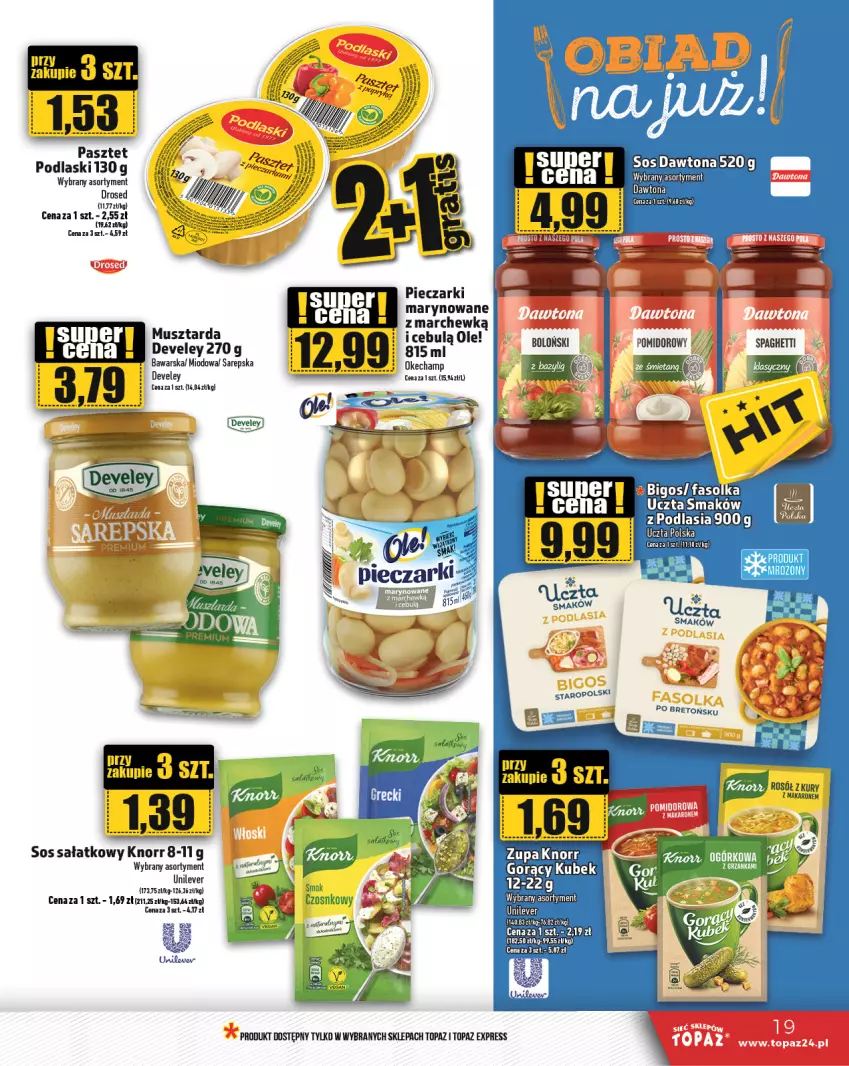 Gazetka promocyjna Topaz - Gazetka - ważna 07.11 do 13.11.2024 - strona 19 - produkty: Bigos, Dawtona, Fa, Knorr, Kubek, Makaron, Mus, Musztarda, Ole!, Pasztet, Piec, Podlaski, Rosół, Sałat, Sos, Top, Zupa