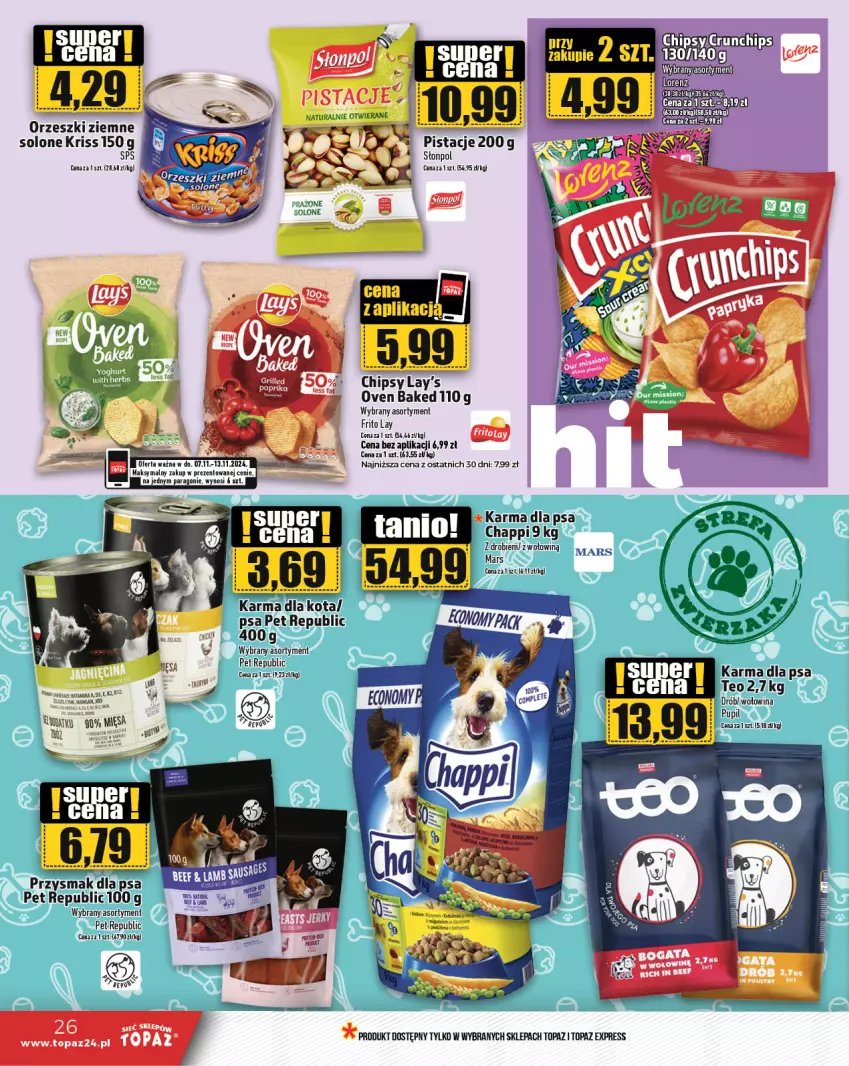 Gazetka promocyjna Topaz - Gazetka - ważna 07.11 do 13.11.2024 - strona 26 - produkty: Chappi, Chipsy, Crunchips, Drób, Grill, Lorenz, Mars, Pistacje, Przysmak dla psa, Słonpol, Top, Wołowina