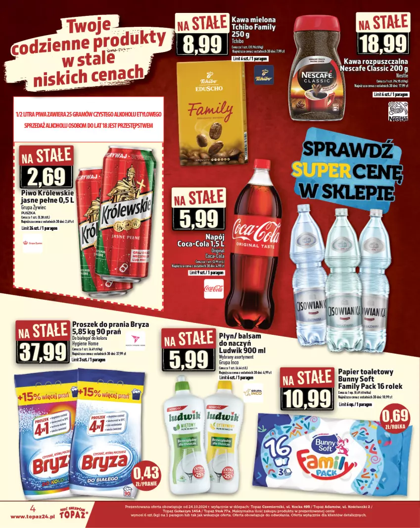 Gazetka promocyjna Topaz - Gazetka - ważna 07.11 do 13.11.2024 - strona 4 - produkty: Bryza, Fa, Kawa, Kawa mielona, Kawa rozpuszczalna, Królewski, Ludwik, Papier, Papier toaletowy, Piwo, Por, Proszek do prania