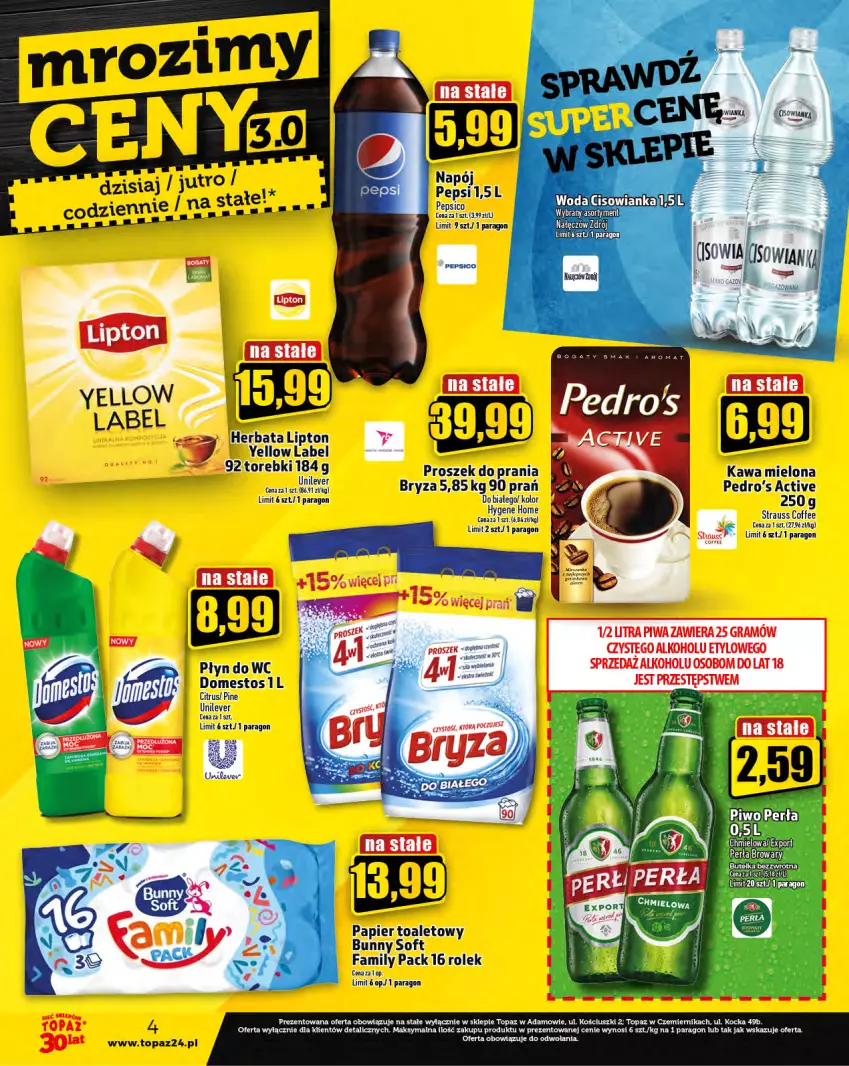 Gazetka promocyjna Topaz - Gazetka - ważna 26.10 do 31.10.2023 - strona 4 - produkty: Bryza, Domestos, Fa, Gra, Herbata, Kawa, Kawa mielona, Koc, Lipton, Napój, Papier, Pepsi, Perła, Piwa, Piwo, Płyn do wc, Proszek do prania, Top