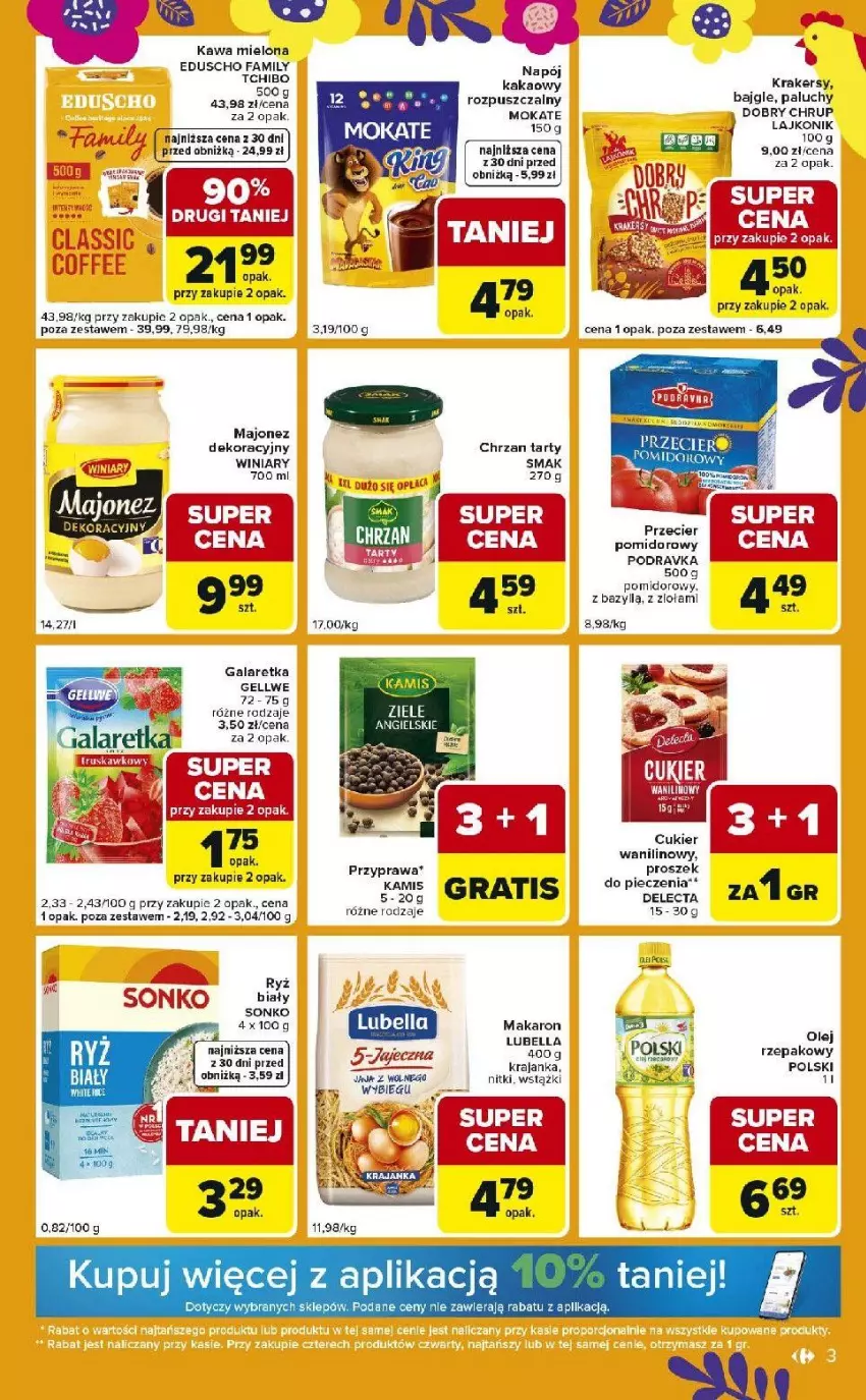 Gazetka promocyjna Carrefour - Gazetka Express - ważna 24.03 do 30.03.2026 - strona 3 - produkty: Bajgle, Bazyl, Bell, Bella, Chrzan, Cukier, Cukier wanilinowy, Fa, Gala, Galaretka, Gra, Kakao, Kawa, Kawa mielona, Krakersy, Lajkonik, Lubella, Majonez, Makaron, Napój, Podravka, Ryż, Sonko, Winiary