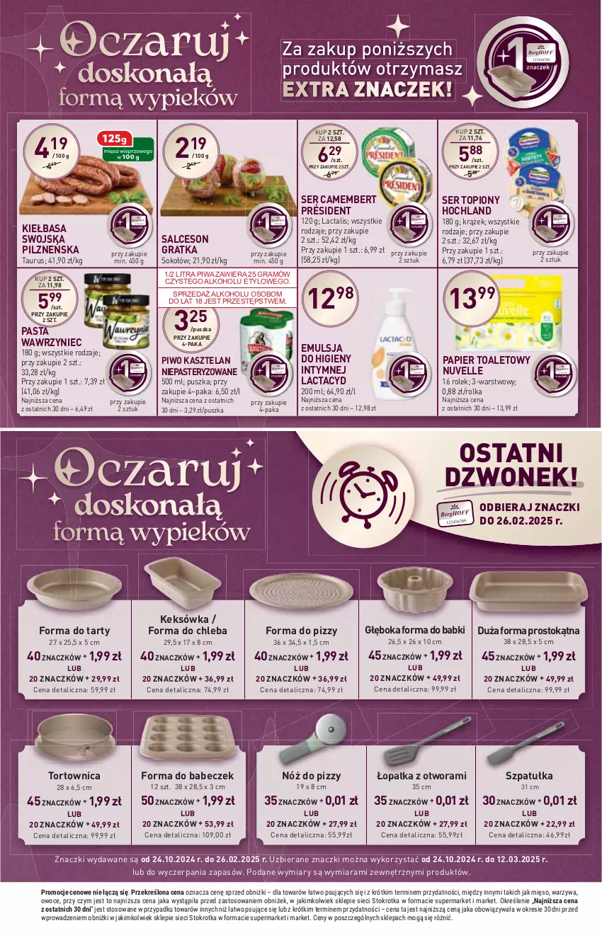 Gazetka promocyjna Stokrotka - Market - ważna 20.02 do 26.02.2025 - strona 15 - produkty: Camembert, Chleb, Dzwonek, Emulsja, Gra, Hochland, HP, Kasztelan, Keksówka, Kiełbasa, Lactacyd, Papier, Papier toaletowy, Piwa, Piwo, Président, Salceson, Ser, Ser topiony, Sok, Sokołów, Szpatułka, Top, Tortownica