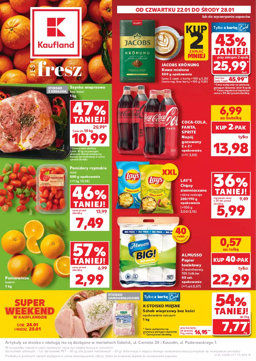 Gazetka promocyjna Kaufland - Gazetka tygodnia - ważna 22.01 do 28.01.2026 - strona 1 - produkty: Chipsy, Coca-Cola, Fa, Fanta, Jacobs, Jacobs Krönung, Kawa, Kawa mielona, Kosz, Lay’s, Mus, Napój, Napój gazowany, Olej, Papier, Papier toaletowy, Pomarańcze, Pomidory, Schab wieprzowy, Sok, Sprite, Szal, Szynka, Szynka wieprzowa