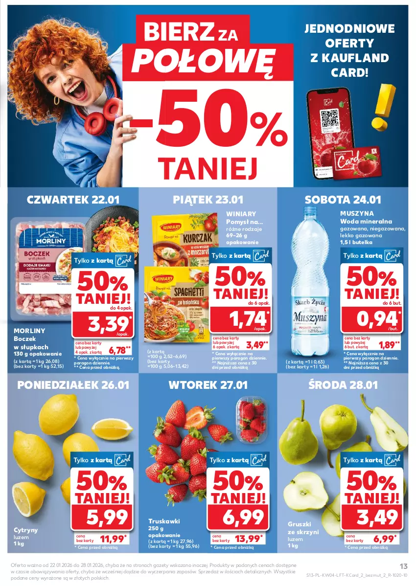 Gazetka promocyjna Kaufland - Gazetka tygodnia - ważna 22.01 do 28.01.2026 - strona 13 - produkty: Boczek, Cytryny, Gruszki, Morliny, Mus, Szyna, Truskawki, Winiary, Woda, Woda mineralna