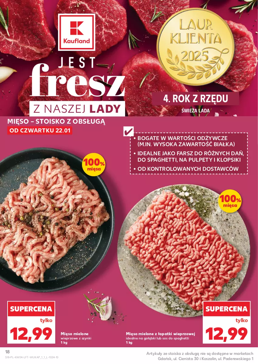 Gazetka promocyjna Kaufland - Gazetka tygodnia - ważna 22.01 do 28.01.2026 - strona 18 - produkty: Fa, Klopsiki, Kosz, Mięso, Mięso mielone, Mięso mielone z łopatki wieprzowej, Pulpety, Sok, Sos, Spaghetti, Szal