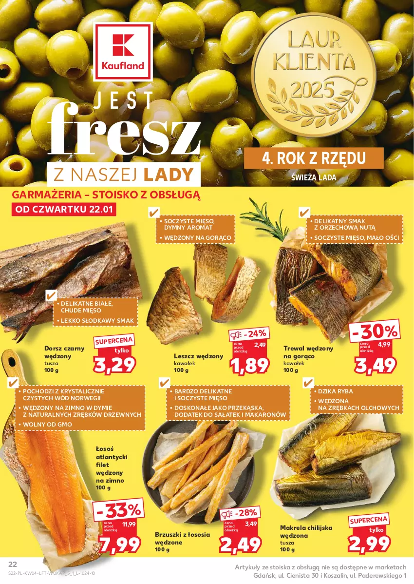 Gazetka promocyjna Kaufland - Gazetka tygodnia - ważna 22.01 do 28.01.2026 - strona 22 - produkty: Brzuszki z łososia, Dorsz, Kawa, Kosz, Makaron, Mięso, Ryba, Sałat, Sos, Szal, Tusz, Wałek