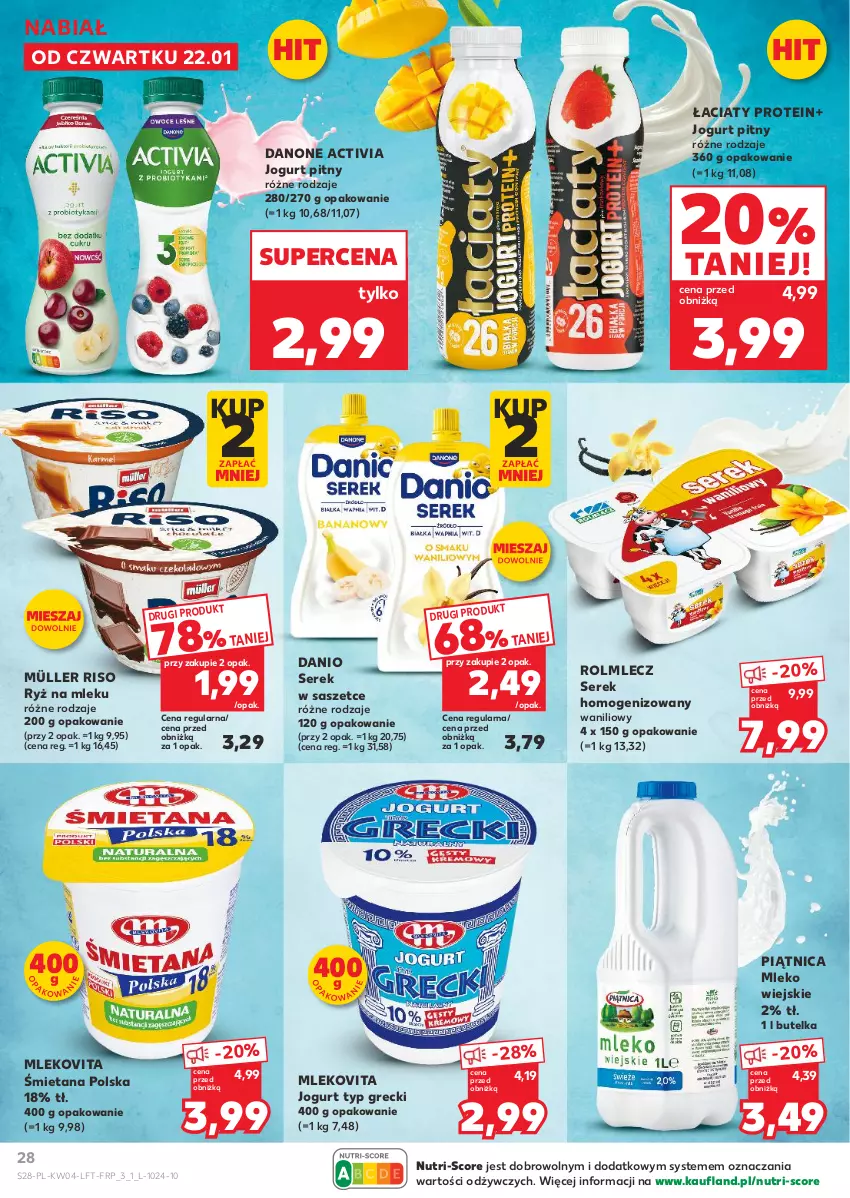 Gazetka promocyjna Kaufland - Gazetka tygodnia - ważna 22.01 do 28.01.2026 - strona 28 - produkty: Activia, Danio, Danone, Jogurt, Jogurt pitny, Mleko, Mlekovita, Müller, Piątnica, Rolmlecz, Ryż, Ryż na mleku, Ser, Serek, Serek homogenizowany