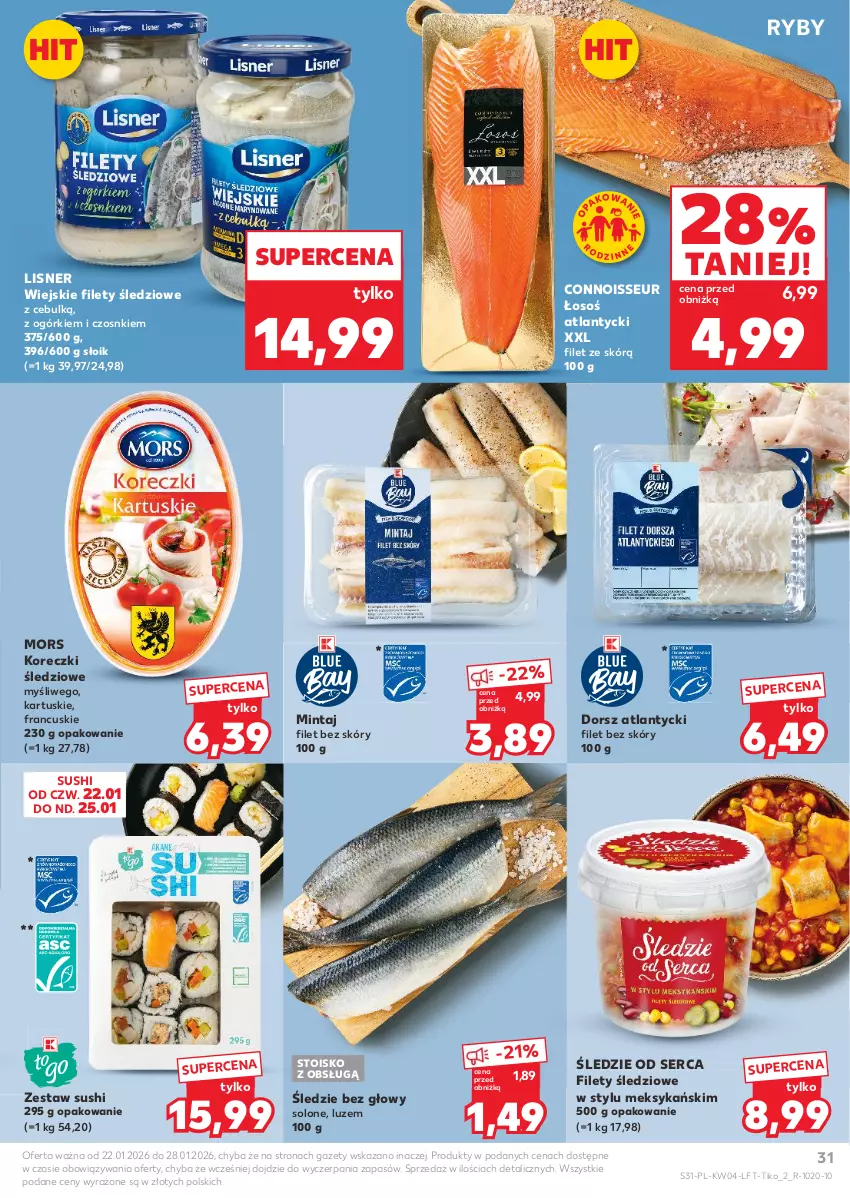 Gazetka promocyjna Kaufland - Gazetka tygodnia - ważna 22.01 do 28.01.2026 - strona 31 - produkty: Dorsz, Koreczki śledziowe, Lisner, Mintaj, Ser, Sushi
