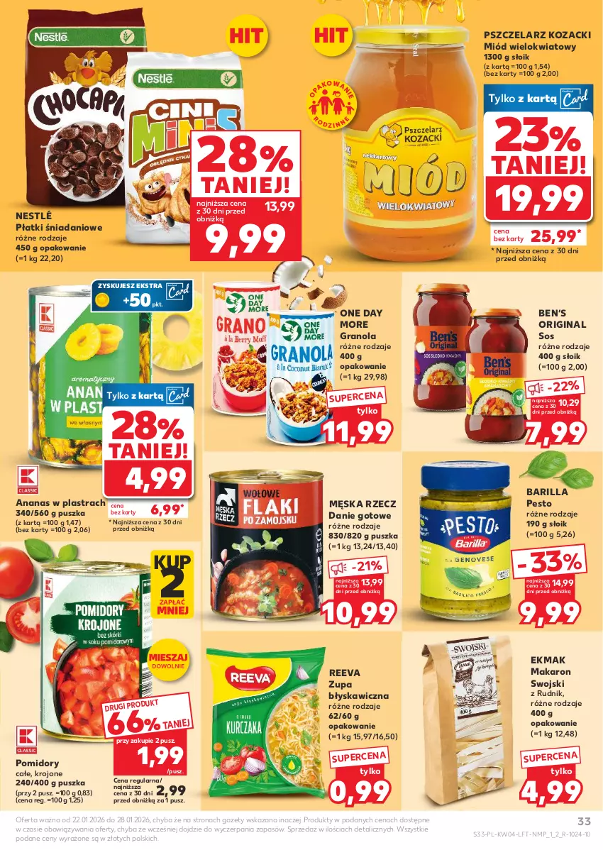 Gazetka promocyjna Kaufland - Gazetka tygodnia - ważna 22.01 do 28.01.2026 - strona 33 - produkty: Ananas, Ananas w plastrach, Barilla, Danie gotowe, Danio, Gin, Gra, Granola, Makaron, Miód, Nestlé, Pesto, Pomidory, Sos, Zupa
