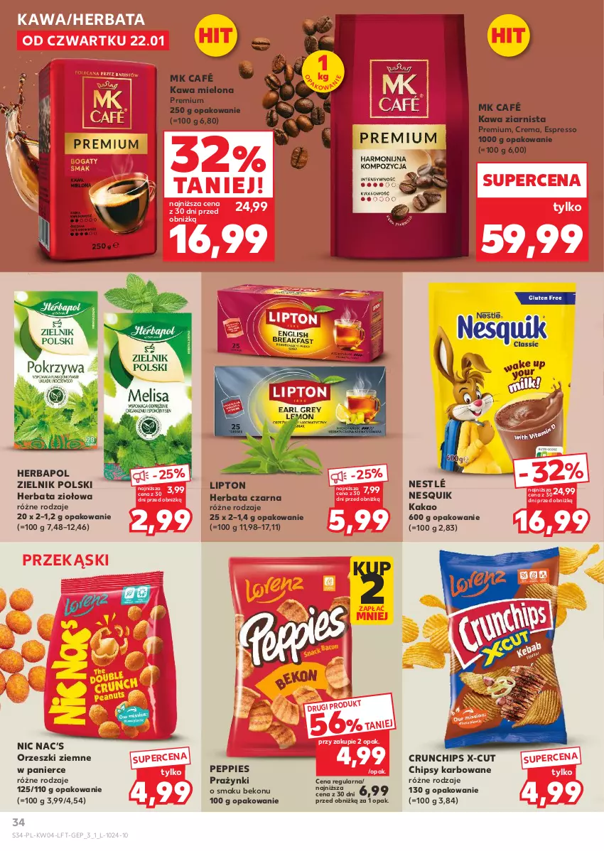 Gazetka promocyjna Kaufland - Gazetka tygodnia - ważna 22.01 do 28.01.2026 - strona 34 - produkty: Beko, Chipsy, Crunchips, Herbapol, Herbata, Herbata czarna, Kakao, Kawa, Kawa mielona, Kawa ziarnista, Lipton, Nesquik, Nestlé, Orzeszki, Orzeszki ziemne