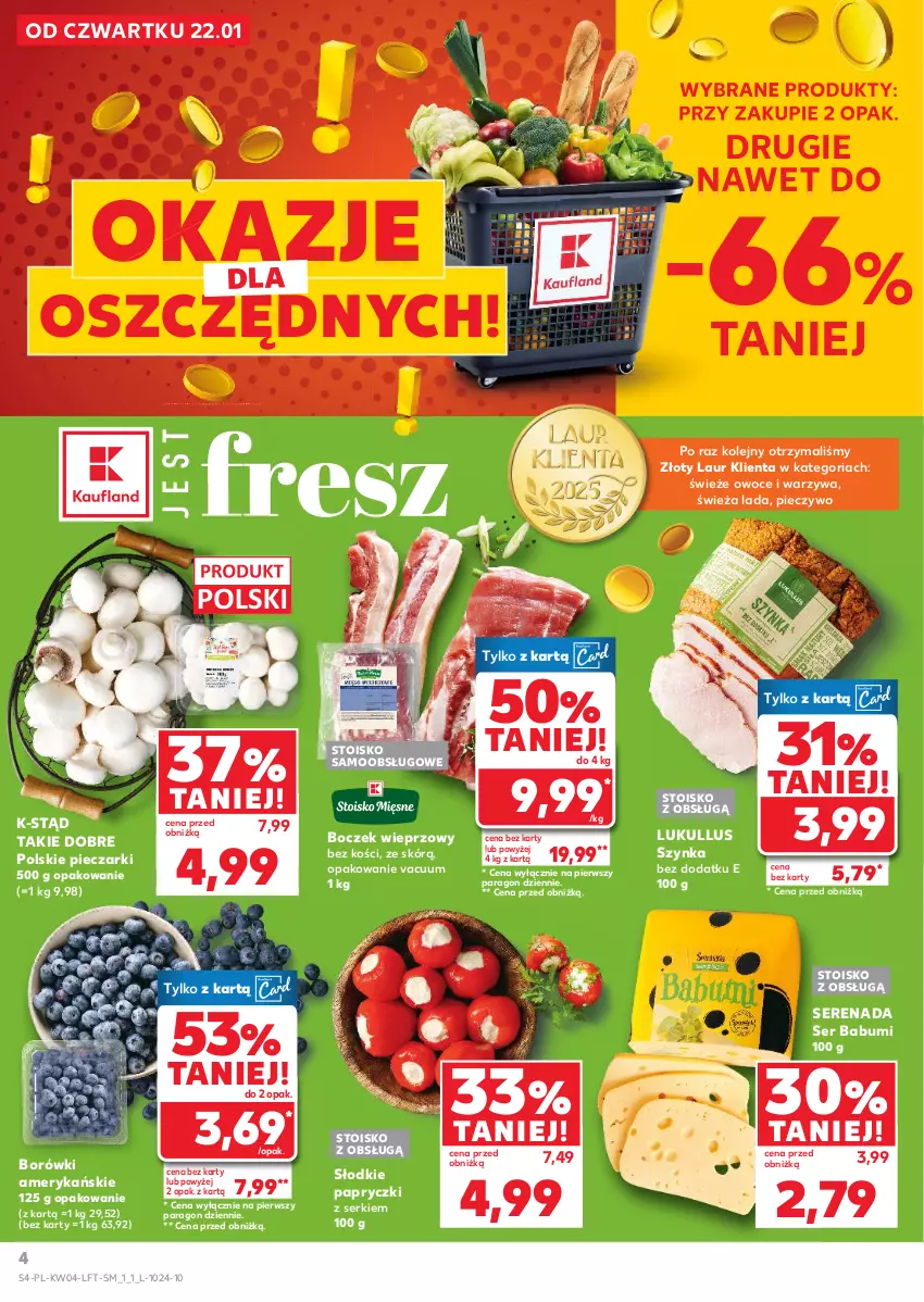 Gazetka promocyjna Kaufland - Gazetka tygodnia - ważna 22.01 do 28.01.2026 - strona 4 - produkty: Boczek, Boczek wieprzowy, Laur, Olej, Owoce, Piec, Pieczywo, Ser, Szynka, Warzywa