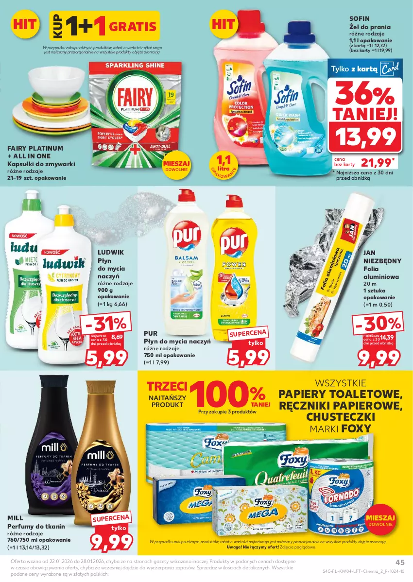 Gazetka promocyjna Kaufland - Gazetka tygodnia - ważna 22.01 do 28.01.2026 - strona 45 - produkty: Chusteczki, Do mycia naczyń, Fa, Fairy, Folia aluminiowa, Foxy, Gra, Jan Niezbędny, Ludwik, Papier, Perfum, Płyn do mycia, Płyn do mycia naczyń, Por, Pur, Ręcznik, Ręczniki papierowe, Waga, Zmywarki