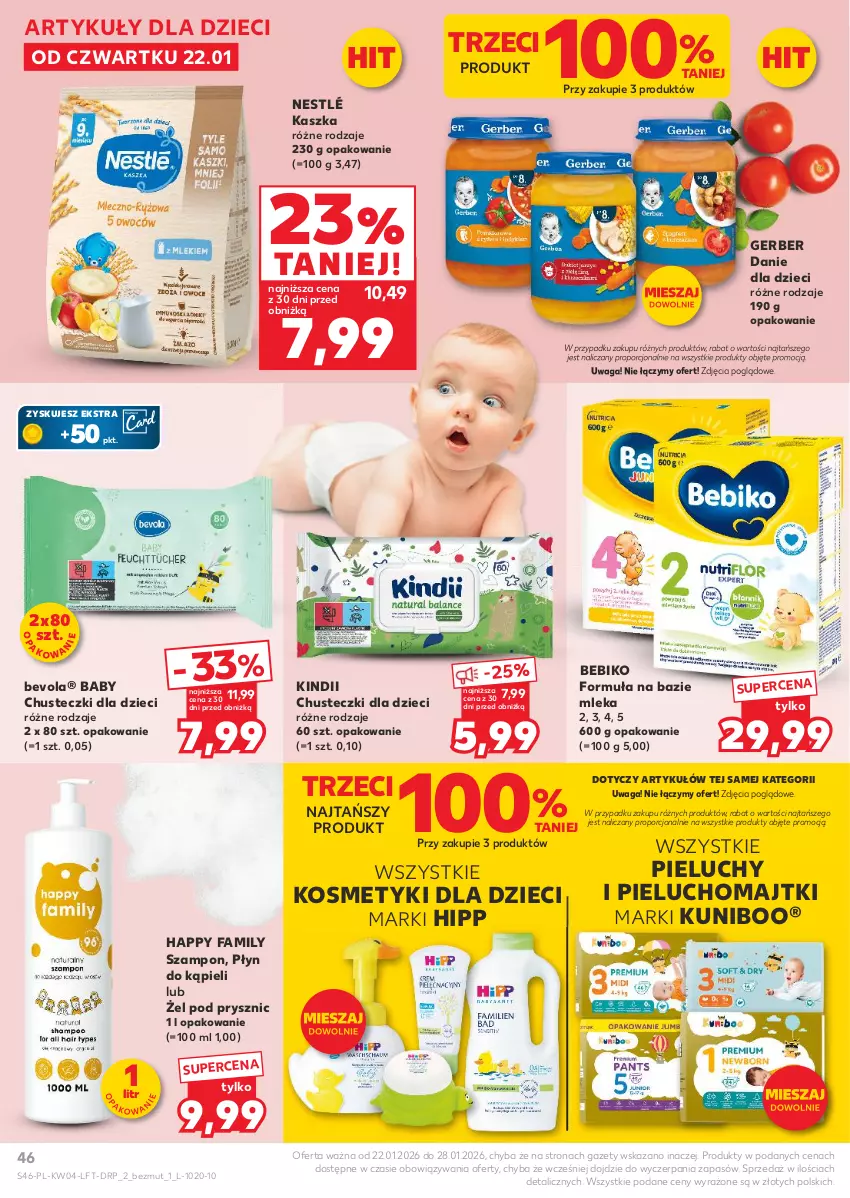 Gazetka promocyjna Kaufland - Gazetka tygodnia - ważna 22.01 do 28.01.2026 - strona 46 - produkty: Bebiko, Chusteczki, Danie dla dzieci, Dzieci, Fa, Gerber, HiPP, Kindii, Kosmetyki dla dzieci, Majtki, Nestlé, Pieluchomajtki, Pieluchy, Płyn do kąpieli, Por, Szampon, Waga