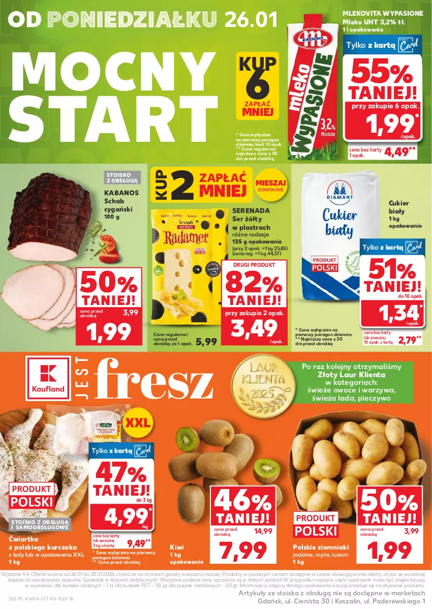 Gazetka promocyjna Kaufland - Gazetka tygodnia - ważna 22.01 do 28.01.2026 - strona 52 - produkty: Cukier, Kabanos, Kiwi, Kosz, Kurczak, Laur, Mleko, Mlekovita, Olej, Owoce, Piec, Pieczywo, Ser, Sok, Szal, Warzywa, Ziemniaki