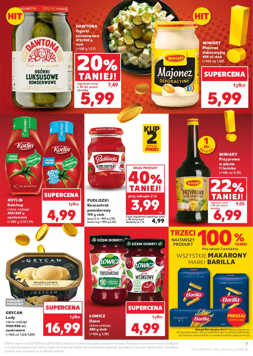 Gazetka promocyjna Kaufland - Gazetka tygodnia - ważna 22.01 do 28.01.2026 - strona 7 - produkty: Barilla, Dawtona, Dżem, Gry, Ketchup, Koncentrat pomidorowy, Kotlin, Lody, Majonez, Makaron, Ogórki konserwowe, Por, Przyprawa w płynie, Pudliszki, Ser, Waga, Winiary