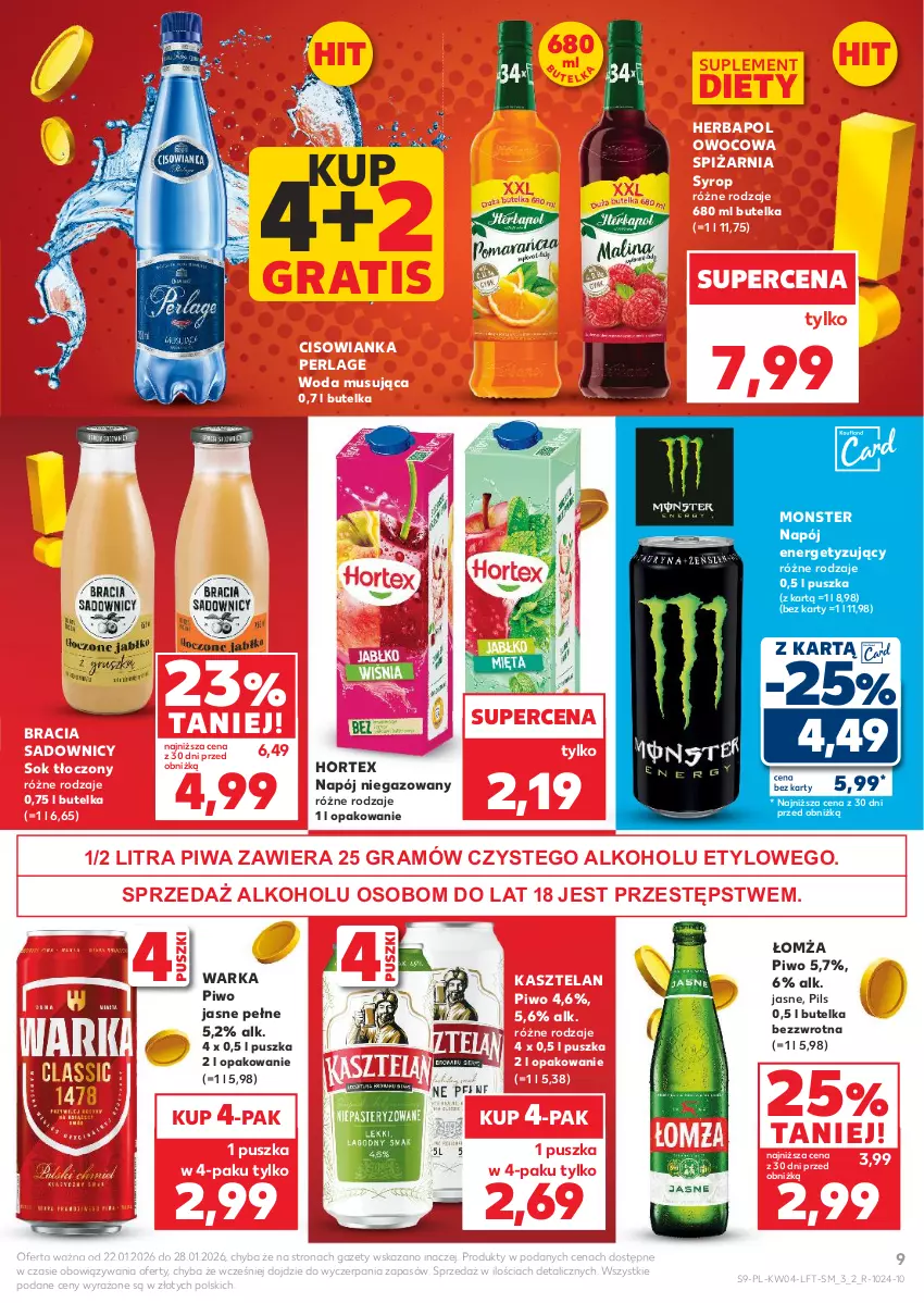 Gazetka promocyjna Kaufland - Gazetka tygodnia - ważna 22.01 do 28.01.2026 - strona 9 - produkty: Cisowianka, Gra, Herbapol, Hortex, Kasztelan, Mus, Napój, Napój niegazowany, Piwa, Piwo, Piwo jasne, Sok, Suplement diety, Syrop, Warka, Woda