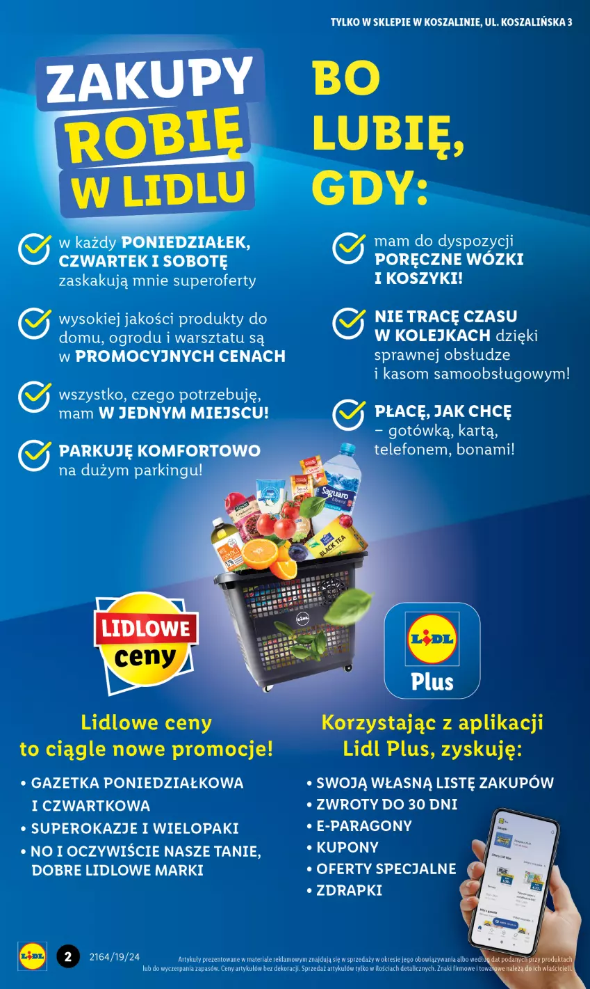 Gazetka promocyjna Lidl - Nowy Lidl w Koszalinie już otwarty - ważna 06.05 do 11.05.2024 - strona 2 - produkty: Kolejka, Kosz, Olej, Por, Sok, Szal, Telefon