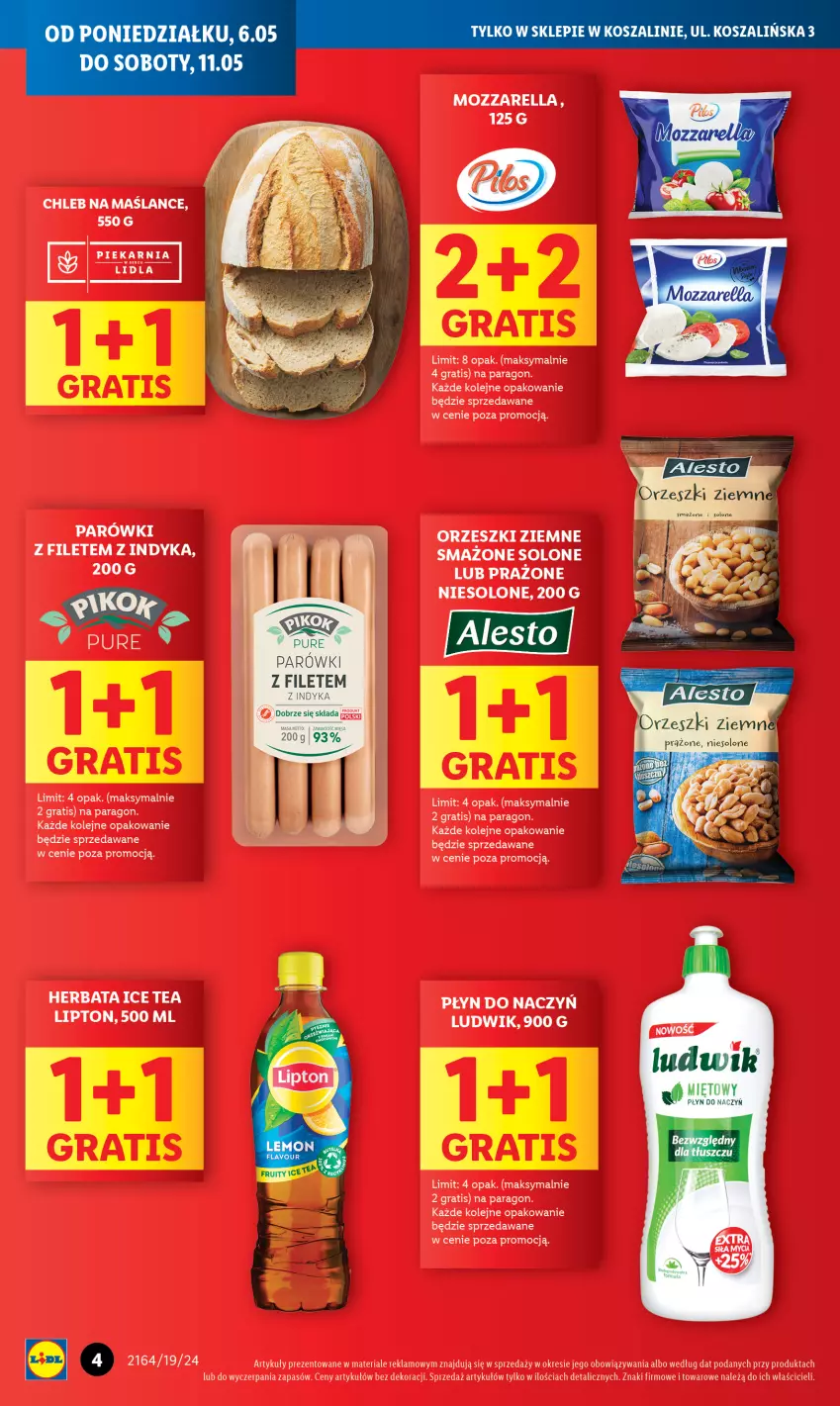 Gazetka promocyjna Lidl - Nowy Lidl w Koszalinie już otwarty - ważna 06.05 do 11.05.2024 - strona 4 - produkty: Chleb, Gra, Herbata, Ice tea, Lipton, Ludwik, Mozzarella, Olej, Orzeszki, Orzeszki ziemne, Parówki