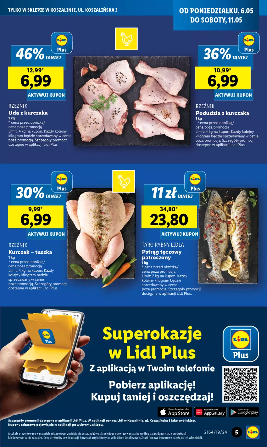 Gazetka promocyjna Lidl - Nowy Lidl w Koszalinie już otwarty - ważna 06.05 do 11.05.2024 - strona 5 - produkty: Gra, Kosz, Kurczak, Olej, Pstrąg, Pstrąg tęczowy, Szal, Telefon, Tusz