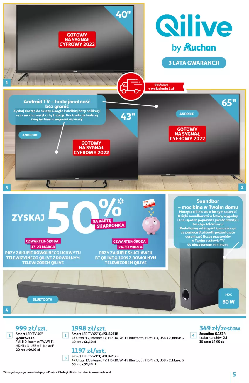 Gazetka promocyjna Auchan - Qilive by Auchan Hipermarkety - ważna 17.03 do 30.03.2022 - strona 5 - produkty: LED TV, Soundbar