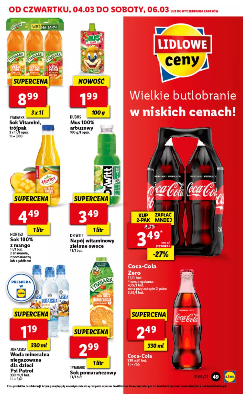 Gazetka promocyjna Lidl - GAZETKA - ważna 04.03 do 06.03.2021 - strona 49 - produkty: Arbuz, Dzieci, Hortex, Kubuś, Mango, Mus, Napój, Owoce, Psi Patrol, Sok, Woda, Woda mineralna