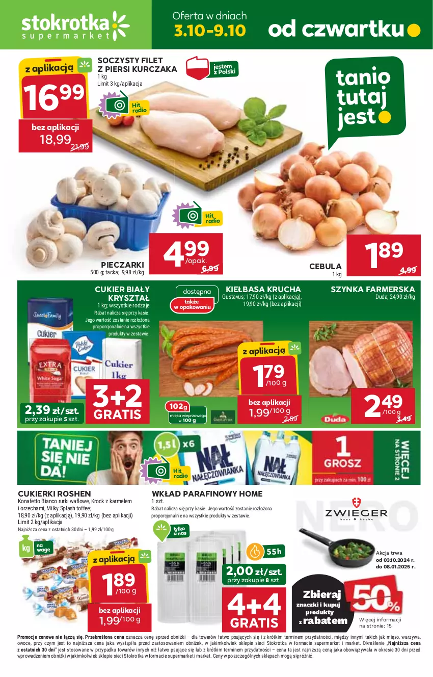 Gazetka promocyjna Stokrotka - Supermarket - ważna 03.10 do 09.10.2024 - strona 1 - produkty: Cebula, Cukier, Cukierki, Fa, Filet z piersi kurczaka, Gra, HP, Kiełbasa, Kiełbasa krucha, Kurczak, Piec, Szynka, Szynka farmerska