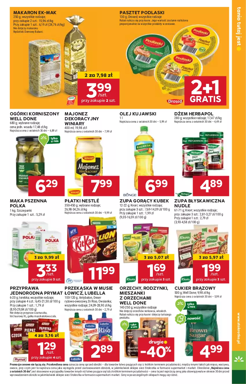 Gazetka promocyjna Stokrotka - Supermarket - ważna 03.10 do 09.10.2024 - strona 17 - produkty: Bell, Bella, Cukier, Dżem, Gra, Herbapol, HP, Korniszony, Kubek, Kujawski, Lubella, Majonez, Mąka, Mąka pszenna, Makaron, Mus, Nestlé, Olej, Pasztet, Podlaski, Prymat, Rodzynki, Winiary, Zupa