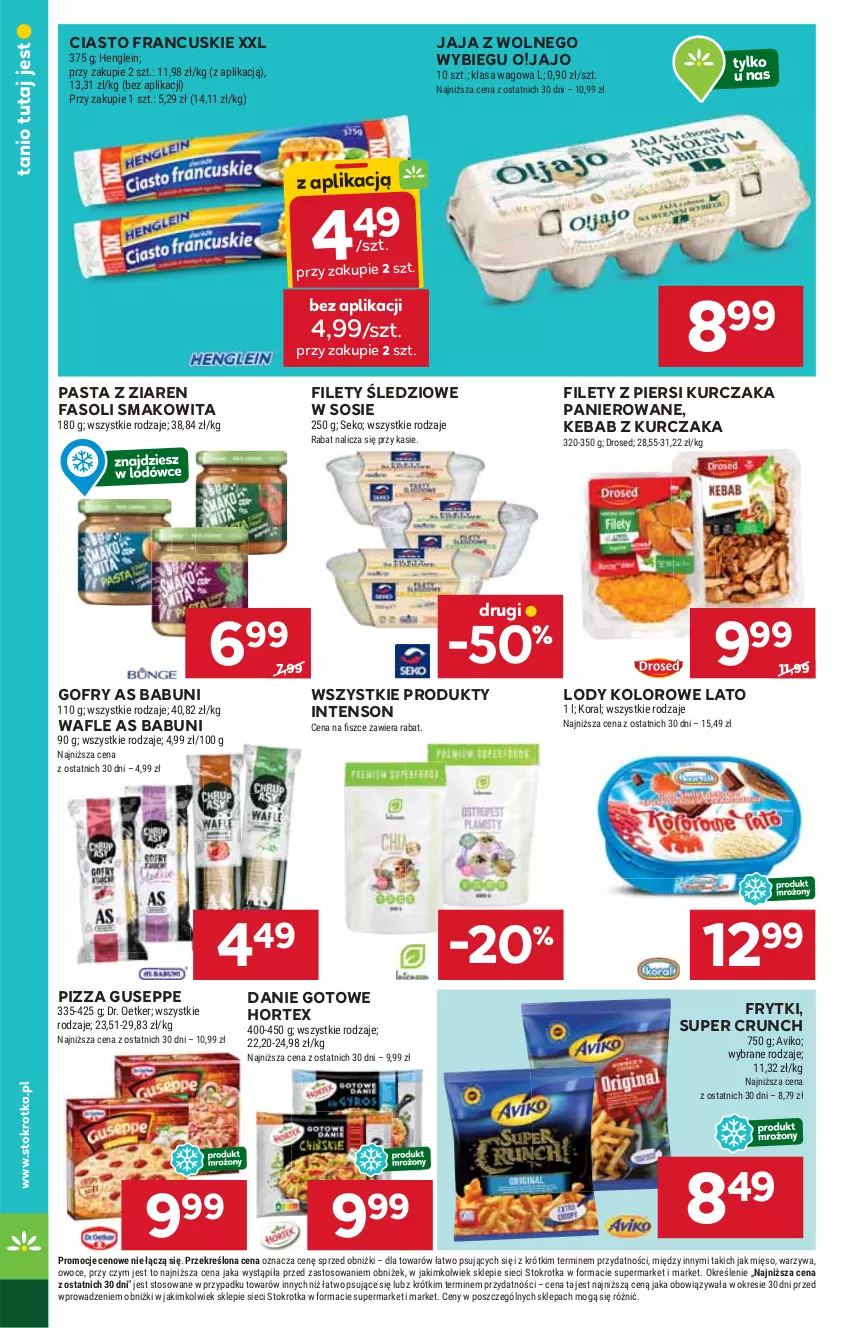 Gazetka promocyjna Stokrotka - Supermarket - ważna 03.10 do 09.10.2024 - strona 18 - produkty: Babuni, Ciasto francuskie, Danie gotowe, Fa, Frytki, Gofry, Hortex, HP, Jaja, Jaja z wolnego wybiegu, Kebab, Kebab z kurczaka, Kurczak, Lody, Pizza, Smakowita, Sos, Wafle