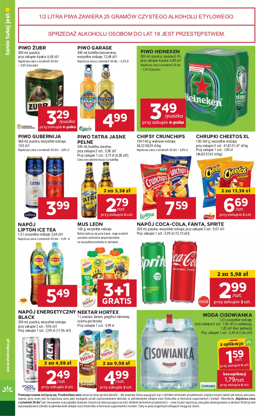 Gazetka promocyjna Stokrotka - Supermarket - ważna 03.10 do 09.10.2024 - strona 20 - produkty: Cheetos, Chipsy, Chrupki, Cisowianka, Coca-Cola, Crunchips, Fa, Fanta, Gra, Heineken, Hortex, HP, Ice tea, Lack, Leon, Lipton, Mus, Napój, Napój energetyczny, Nektar, Piwa, Piwo, Por, Sprite, Tatra, Woda