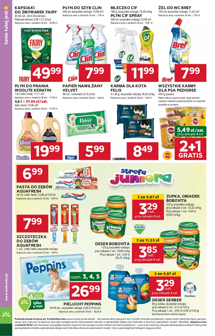 Gazetka promocyjna Stokrotka - Supermarket - ważna 03.10 do 09.10.2024 - strona 22 - produkty: Aquafresh, BoboVita, Bref, Cif, Clin, Deser, Fa, Fairy, Felix, Gerber, Gra, HP, Mleczko, Papier, Pasta do zębów, Pedigree, Pieluchy, Płyn do prania, Płyn do szyb, Ser, Szczoteczka, Szczoteczka do zębów, Velvet, Woolite