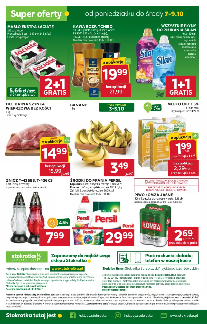 Gazetka promocyjna Stokrotka - Supermarket - ważna 03.10 do 09.10.2024 - strona 33 - produkty: Banany, Dres, Gra, HP, JBL, Kawa, Masło, Mleko, Persil, Piwa, Piwo, Silan, Szynka, Szynka wieprzowa, Tchibo, Telefon, Znicz