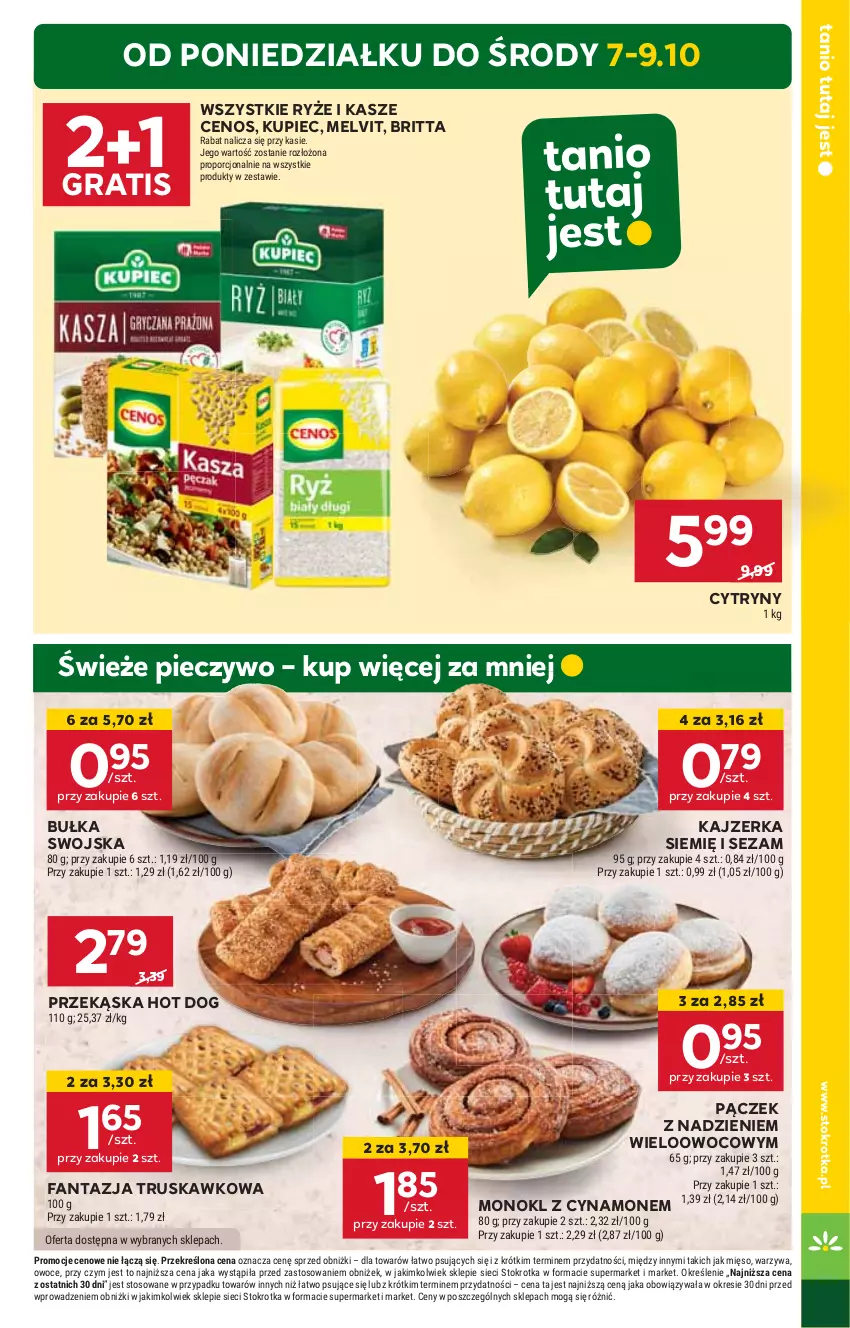 Gazetka promocyjna Stokrotka - Supermarket - ważna 03.10 do 09.10.2024 - strona 5 - produkty: Brit, Bułka, Cenos, Cytryny, Fa, Fanta, Gra, Hot dog, HP, Kajzerka, Kupiec, Melvit, Pączek, Piec, Pieczywo, Ryż, Sezam