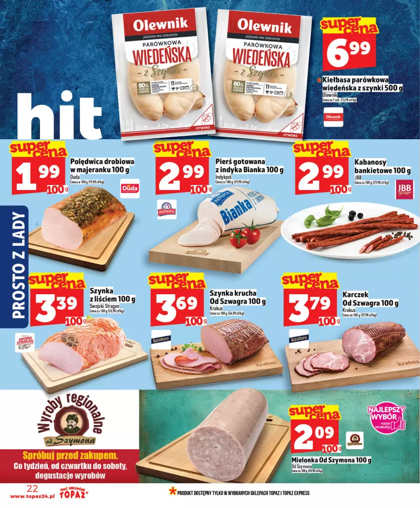 Gazetka promocyjna Topaz - Gazetka - ważna 14.05 do 20.05.2026 - strona 22 - produkty: Bianka, Duda, Gra, Kabanos, Kiełbasa, Krakus, Polędwica, Szynka, Top