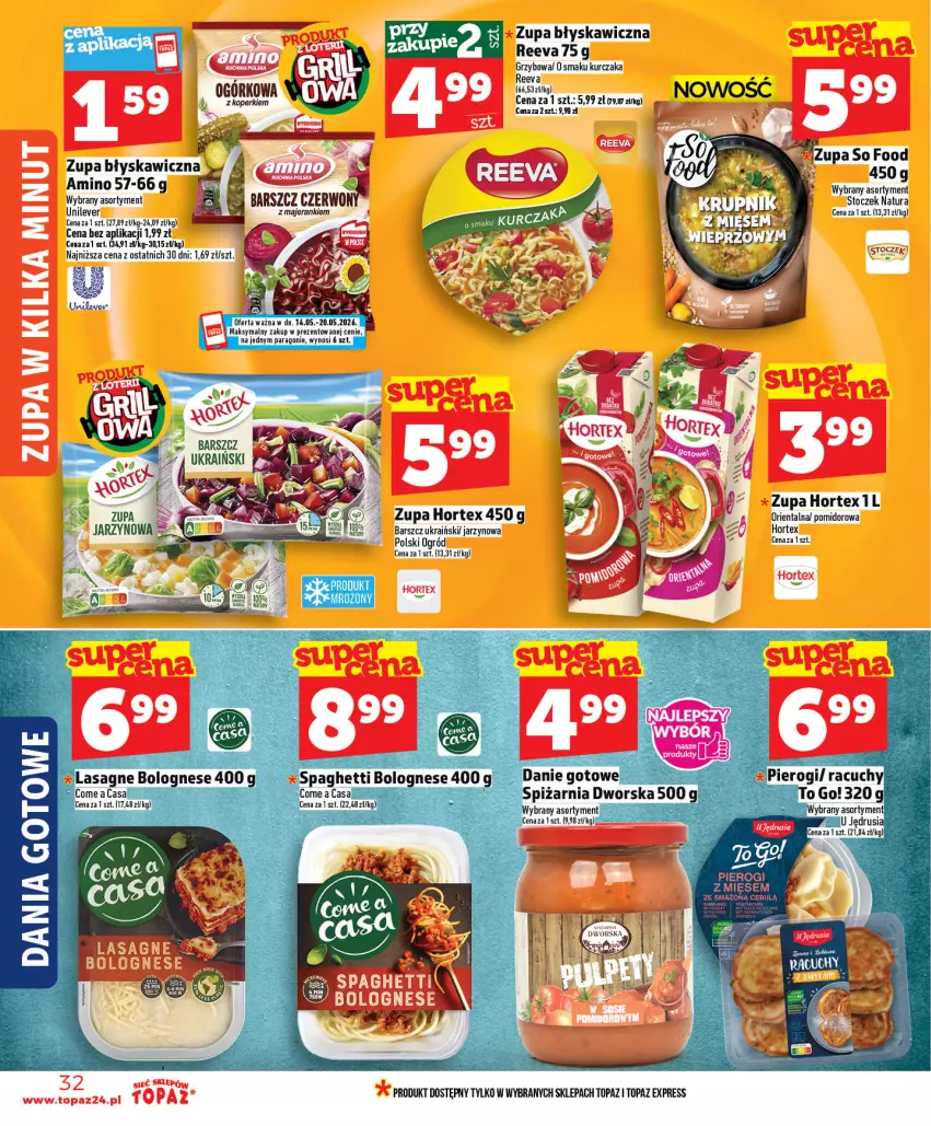 Gazetka promocyjna Topaz - Gazetka - ważna 14.05 do 20.05.2026 - strona 32 - produkty: Hortex, Kurczak, Lasagne, Lasagne bolognese, Ogród, Pierogi, Pur, So Food, Spaghetti, Top, Zupa