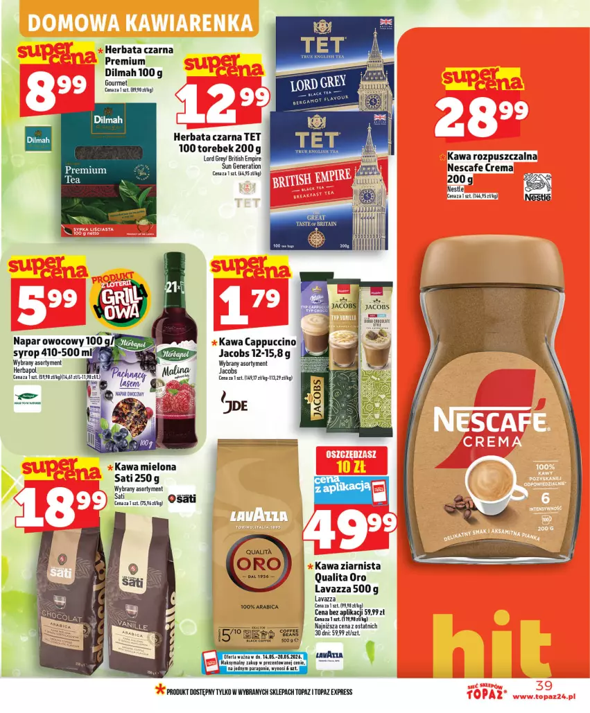Gazetka promocyjna Topaz - Gazetka - ważna 14.05 do 20.05.2026 - strona 39 - produkty: Ba!, BIC, Brit, Cappuccino, Dilmah, Herbapol, Herbata, Herbata czarna, Jacobs, Kawa, Kawa mielona, Kawa rozpuszczalna, Kawa ziarnista, Koc, Lack, Lavazza, Sati, Top