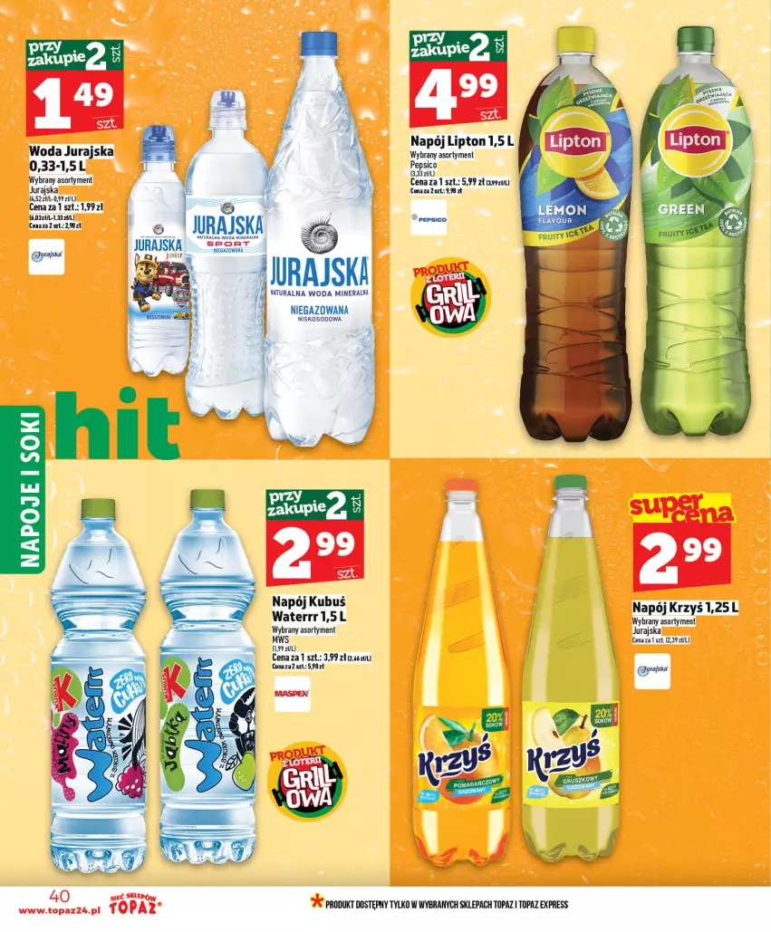 Gazetka promocyjna Topaz - Gazetka - ważna 14.05 do 20.05.2026 - strona 40 - produkty: Kubuś, Kubuś Waterrr, Lipton, Napój, Pepsi, Top, Woda