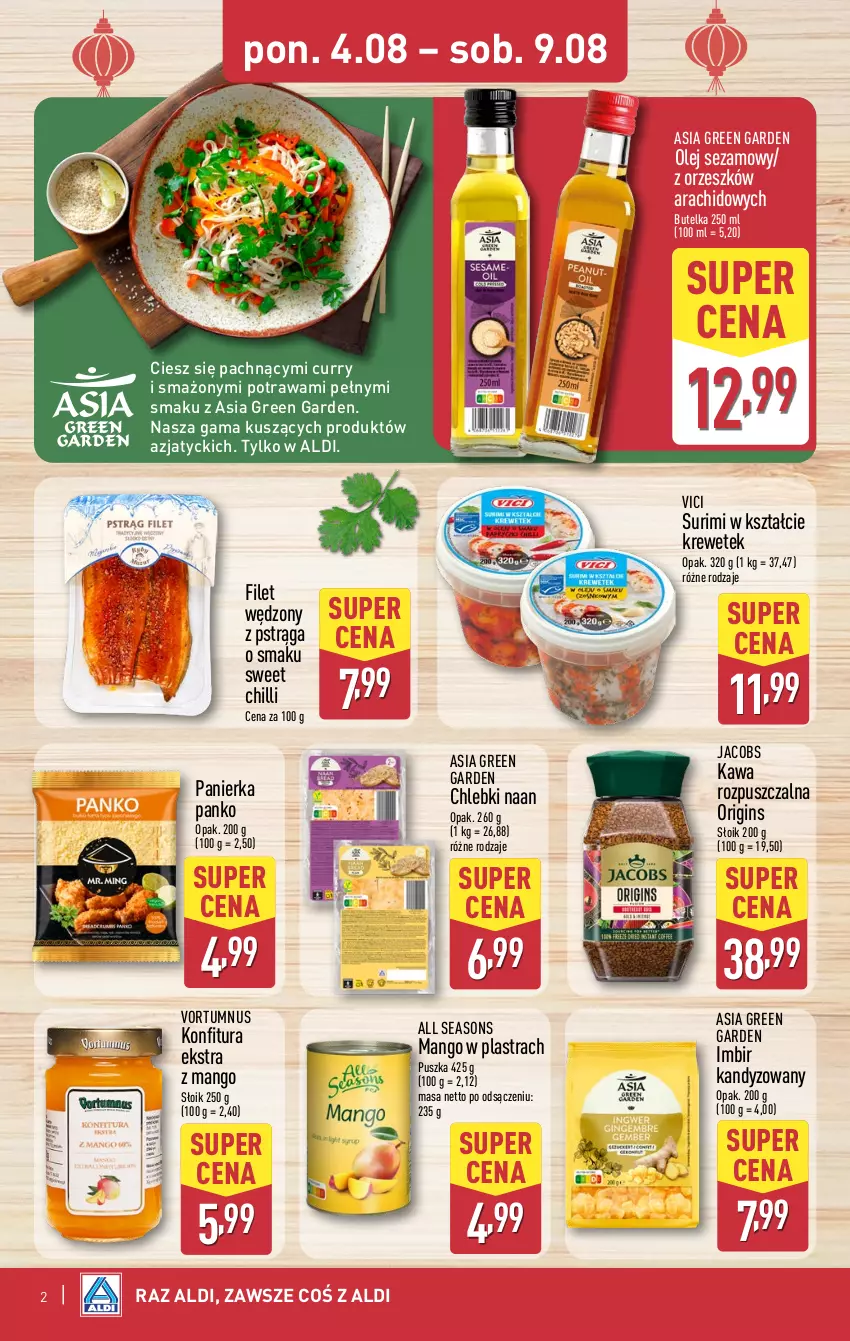 Gazetka promocyjna Aldi - Tydzień Azjatycki - ważna 04.08 do 09.08.2025 - strona 2 - produkty: All Seasons, Chleb, Gin, Imbir, Jacobs, Kawa, Kawa rozpuszczalna, Konfitura, Mango, Olej, Olej sezamowy, Pstrąg, Sezam, Surimi