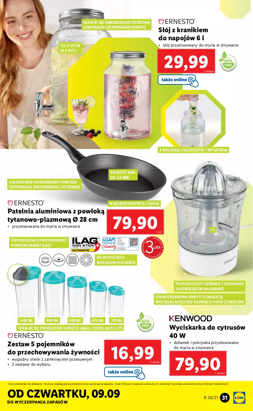 Gazetka promocyjna Lidl - GAZETKA - ważna 06.09 do 11.09.2021 - strona 31 - produkty: Dzbanek, Mus, Patelnia, Pojemnik, Por, Sok, Tytan, Wyciskarka