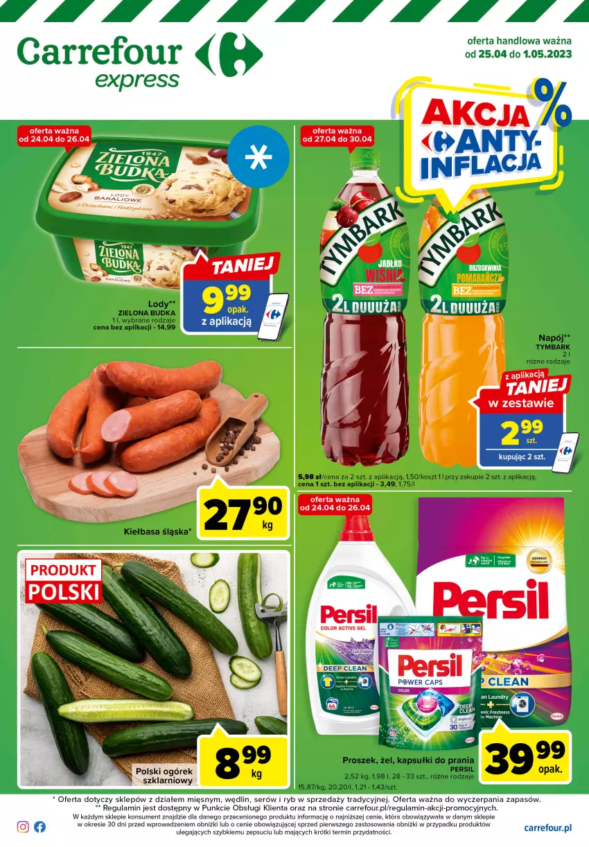 Gazetka promocyjna Carrefour - Gazetka Express - ważna 25.04 do 01.05.2023 - strona 1 - produkty: Kapsułki do prania, Kosz, Napój, Ogórek, Persil, Ser, Tymbark, Zielona Budka