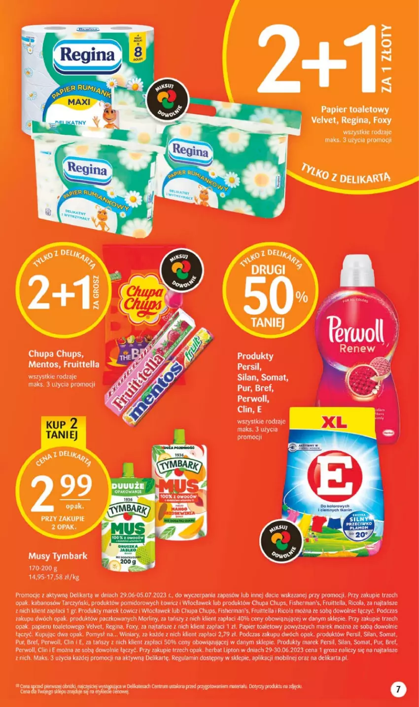 Gazetka promocyjna Delikatesy Centrum - Gazetka DC25 - ważna 29.06 do 05.07.2023 - strona 7 - produkty: Bref, Chupa Chups, Clin, Foxy, Gin, Kabanos, Lipton, Mentos, Mobil, Morliny, Mus, Papier, Papier toaletowy, Persil, Perwoll, Pur, Rum, Silan, Somat, Tarczyński, Tymbark, Velvet, Winiary