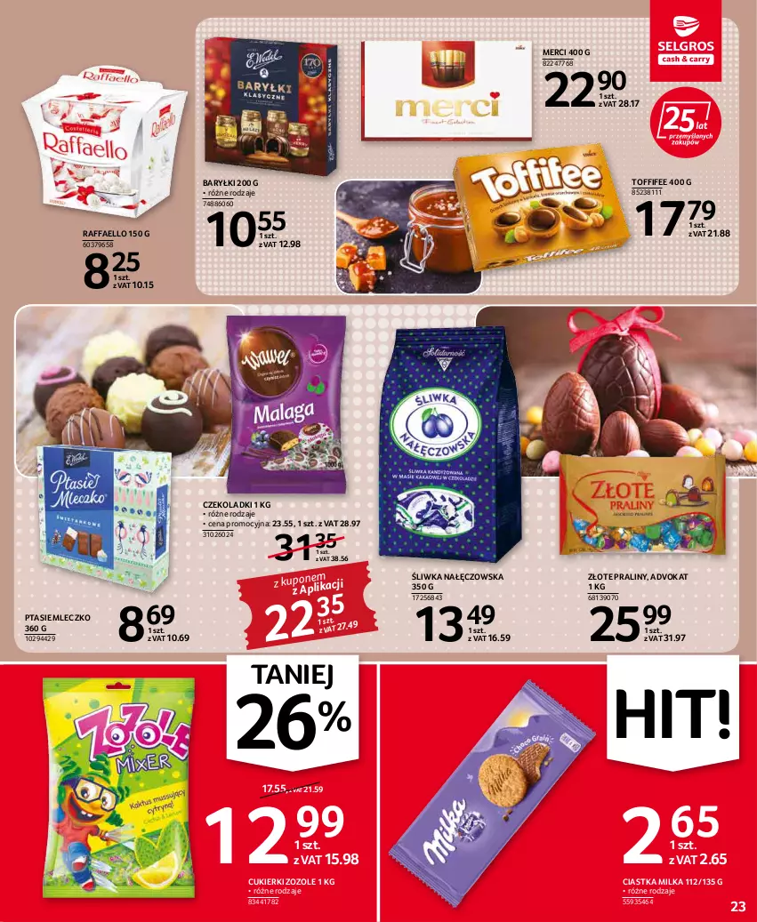 Gazetka promocyjna Selgros - Oferta spożywcza - ważna 31.03 do 06.04.2022 - strona 23 - produkty: Baryłki, Ciastka, Cukier, Cukierki, Fa, Merci, Milka, Mleczko, Praliny, Ptasie mleczko, Raffaello, Toffifee