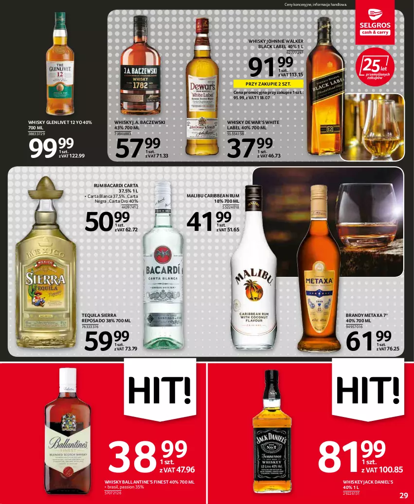 Gazetka promocyjna Selgros - Oferta spożywcza - ważna 31.03 do 06.04.2022 - strona 29 - produkty: Bacardi, Brandy, Gra, Johnnie Walker, Lack, Malibu, Metaxa, Rum, Tequila, Whiskey, Whisky