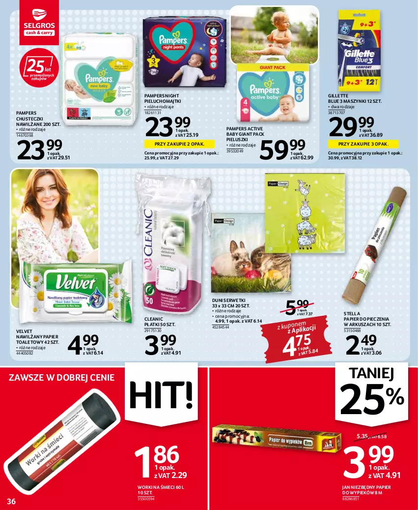 Gazetka promocyjna Selgros - Oferta spożywcza - ważna 31.03 do 06.04.2022 - strona 36 - produkty: Chusteczki, Cleanic, Gillette, Jan Niezbędny, Majtki, Nawilżany papier, Pampers, Papier, Papier do pieczenia, Papier toaletowy, Piec, Pieluchomajtki, Ser, Serwetki, Velvet, Worki na śmiec, Worki na śmieci