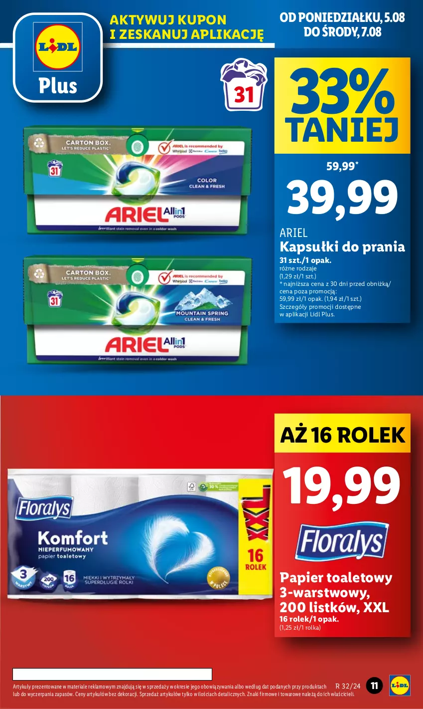 Gazetka promocyjna Lidl - GAZETKA - ważna 05.08 do 07.08.2024 - strona 11 - produkty: Ariel, Kapsułki do prania, Papier, Papier toaletowy