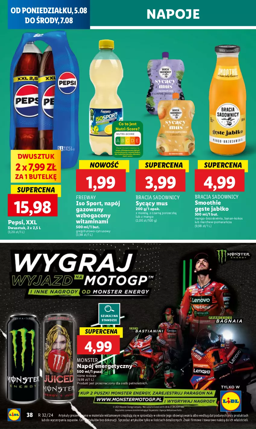 Gazetka promocyjna Lidl - GAZETKA - ważna 05.08 do 07.08.2024 - strona 40 - produkty: Grejpfrut, Kokos, Mango, Mus, Napój, Napój energetyczny, Napój gazowany, Napoje, Pepsi, Por, Smoothie, Sport