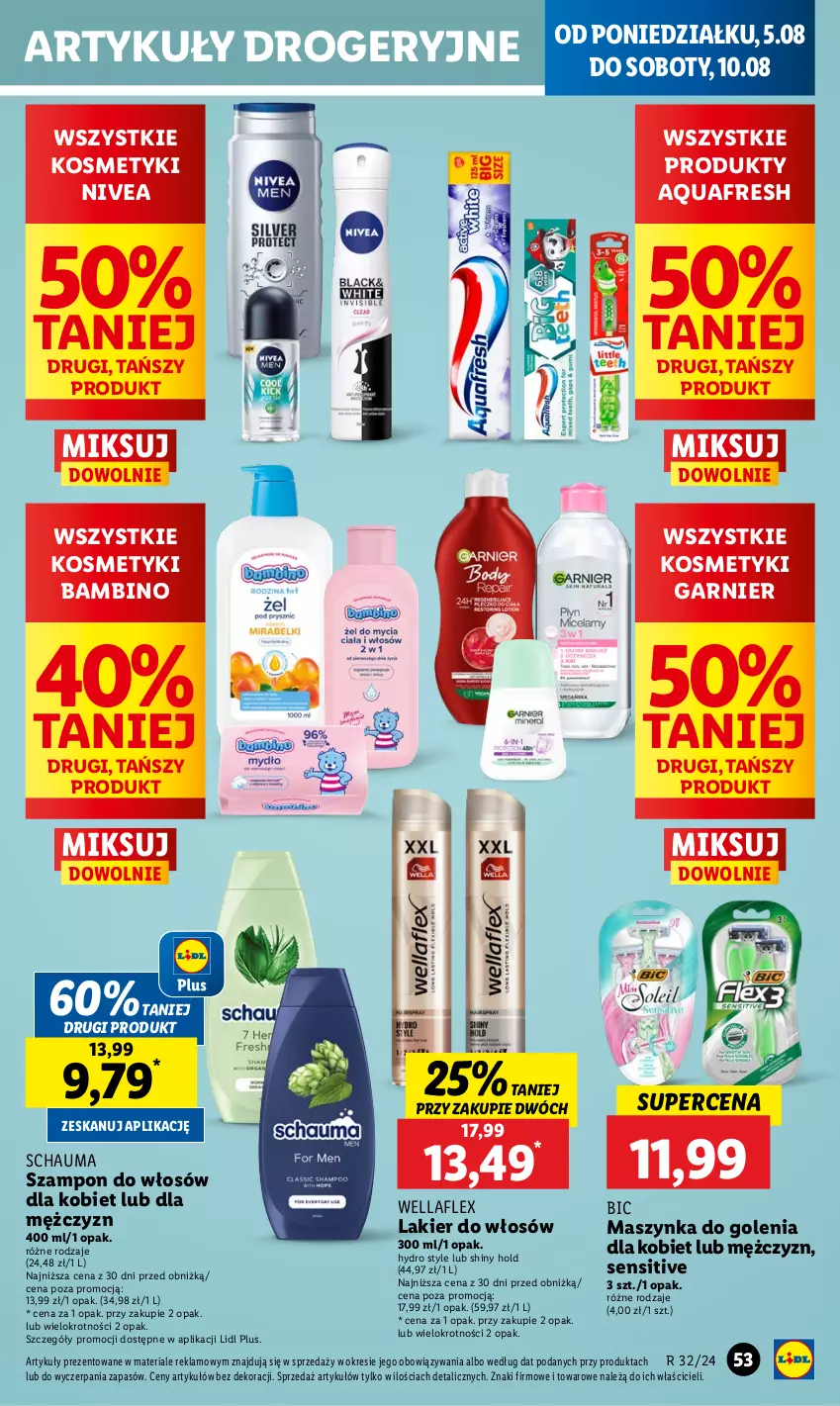 Gazetka promocyjna Lidl - GAZETKA - ważna 05.08 do 07.08.2024 - strona 57 - produkty: Aquafresh, BIC, Garnier, Lakier, Lakier do włosów, Maszynka, Maszynka do golenia, Nivea, Schauma, Szampon, Szynka, Wella, Wellaflex