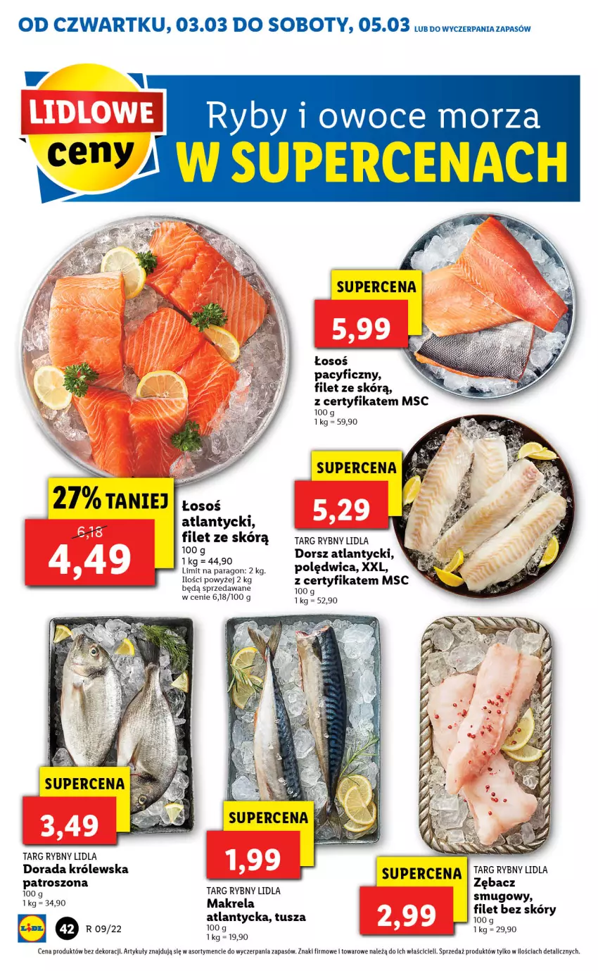 Gazetka promocyjna Lidl - GAZETKA - ważna 03.03 do 05.03.2022 - strona 42 - produkty: Dorsz, Owoce, Owoce morza, Polędwica, Ryby i owoce morza, Tusz