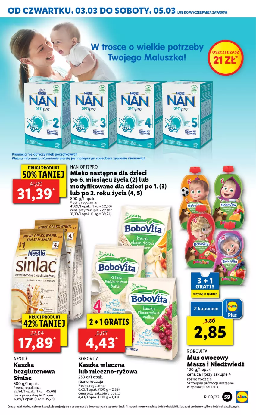 Gazetka promocyjna Lidl - GAZETKA - ważna 03.03 do 05.03.2022 - strona 59 - produkty: BoboVita, Dzieci, Karmi, Masza i Niedźwiedź, Mleko, Mus, NAN Optipro, O nas, Ryż, Sinlac