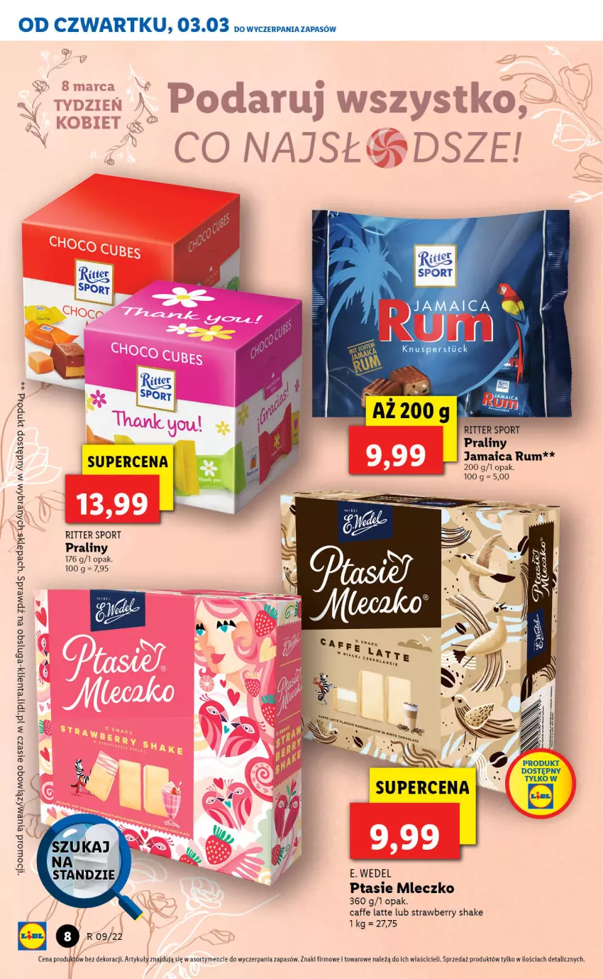 Gazetka promocyjna Lidl - GAZETKA - ważna 03.03 do 05.03.2022 - strona 8 - produkty: E. Wedel, Mleczko, Por, Praliny, Ptasie mleczko, Ritter Sport, Rum, Sport