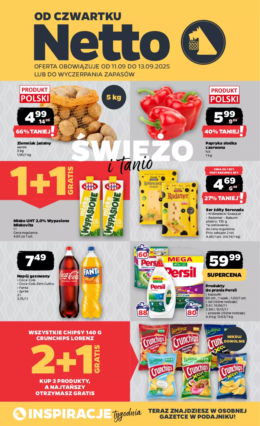 Gazetka promocyjna Netto - Od Czwartku - ważna 11.09 do 13.09.2025 - strona 1 - produkty: Chipsy, Coca-Cola, Crunchips, Fa, Fanta, Gra, Lorenz, Mleko, Mlekovita, Napój, Napój gazowany, Papryka, Papryka słodka, Persil, Radamer, Ser, Sprite, Tera